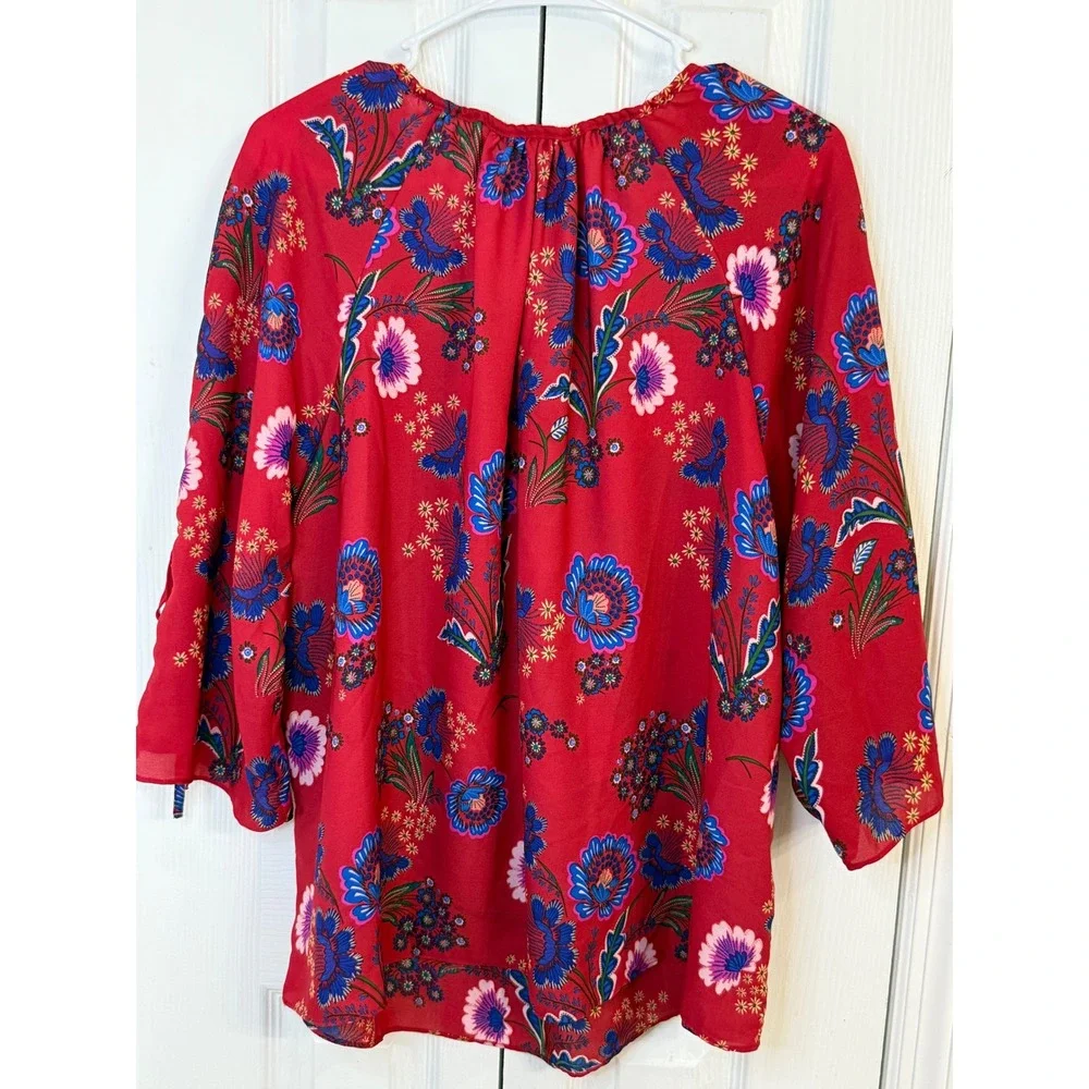 Zac‎ & Rachel Floral Blouse Button Sleeve Tie Detail Red Bohemian 1X - Picture 7 of 7